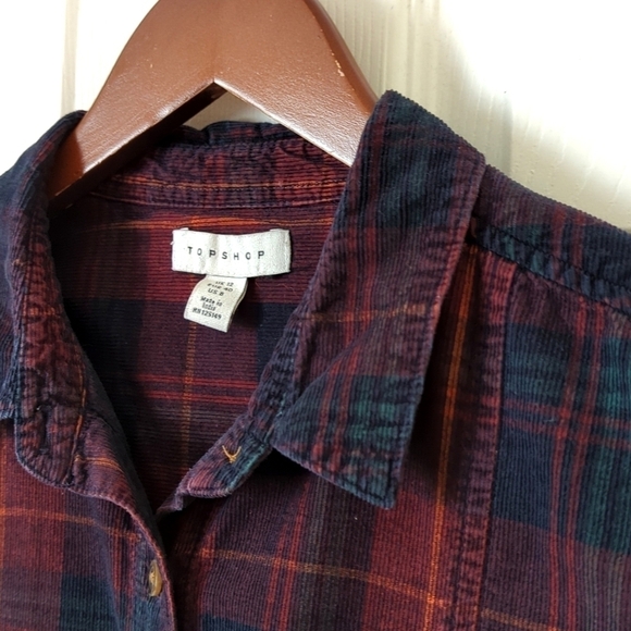 Topshop Classic Plaid Pinwale Corduroy Long Sleeve Button Down Shirt Burgundy 8 - Picture 3 of 12